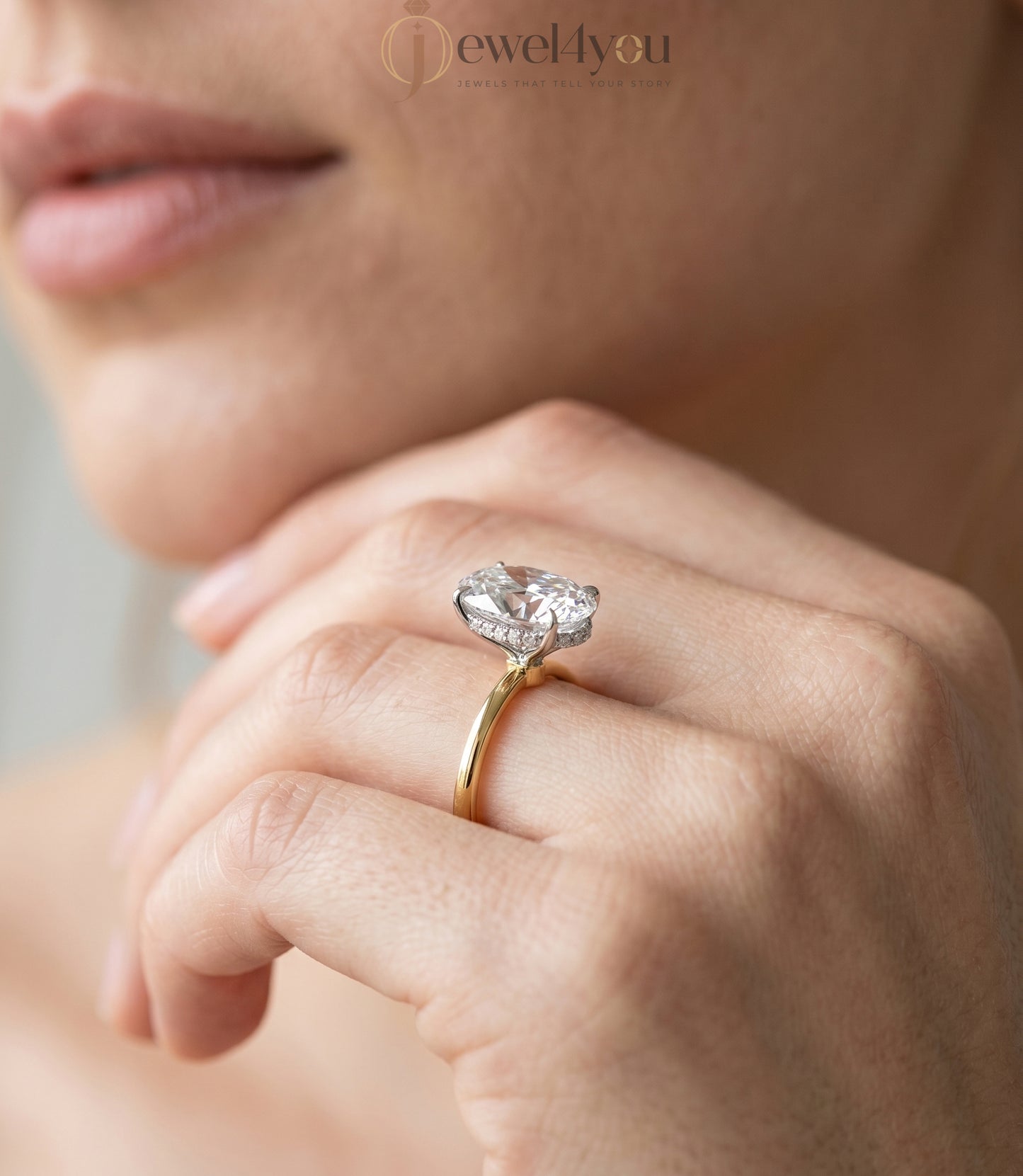 Yellow gold oval diamond engagement ring with white hidden crown setting #YELLOW GOLD