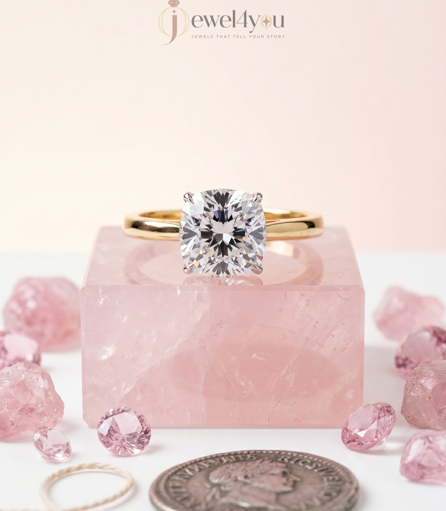 Yellow gold cushion diamond solitaire ring with white gold cathedral basket setting #YELLOW GOLD