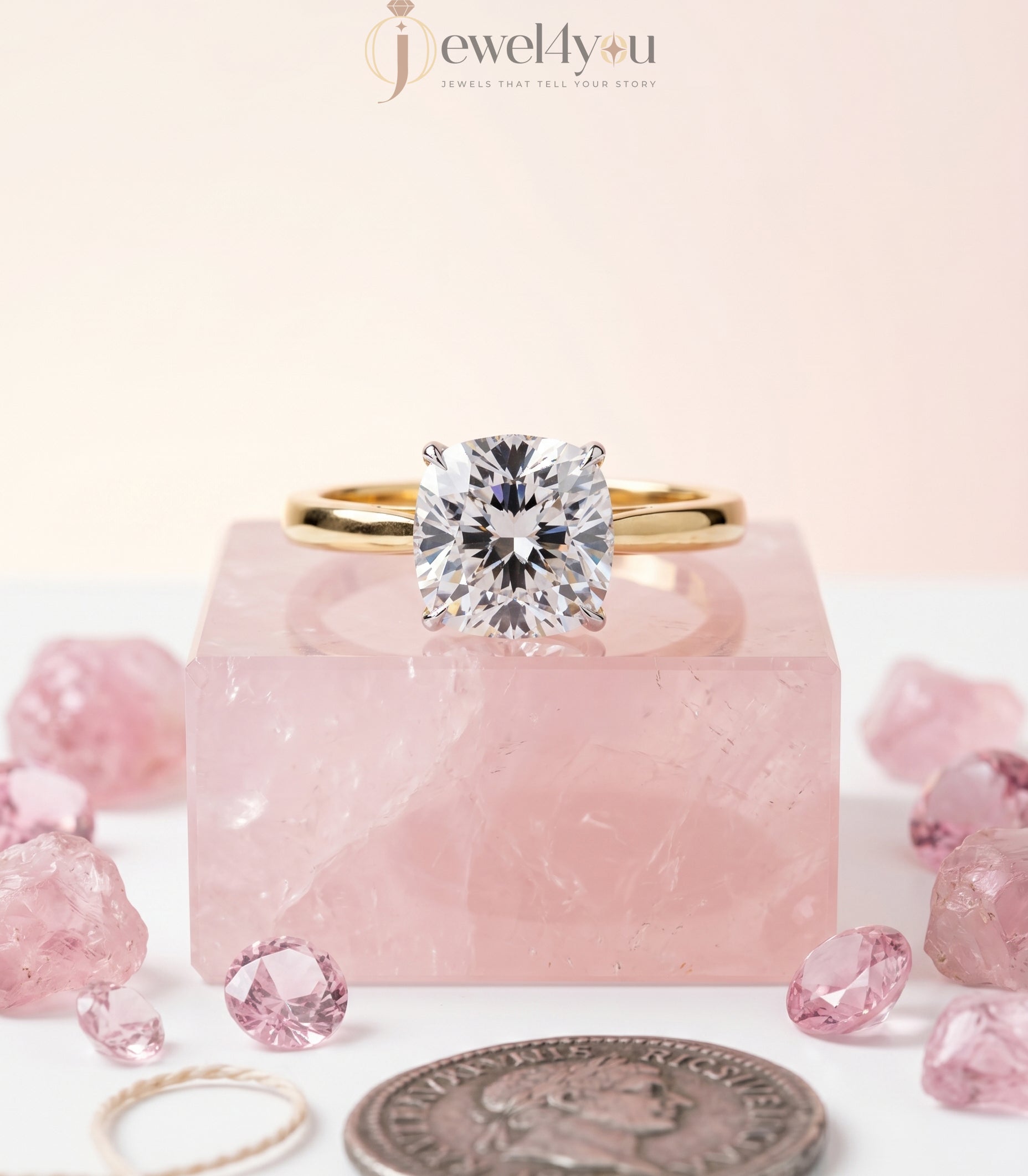 Yellow gold cushion diamond solitaire ring with white gold cathedral basket setting #YELLOW GOLD