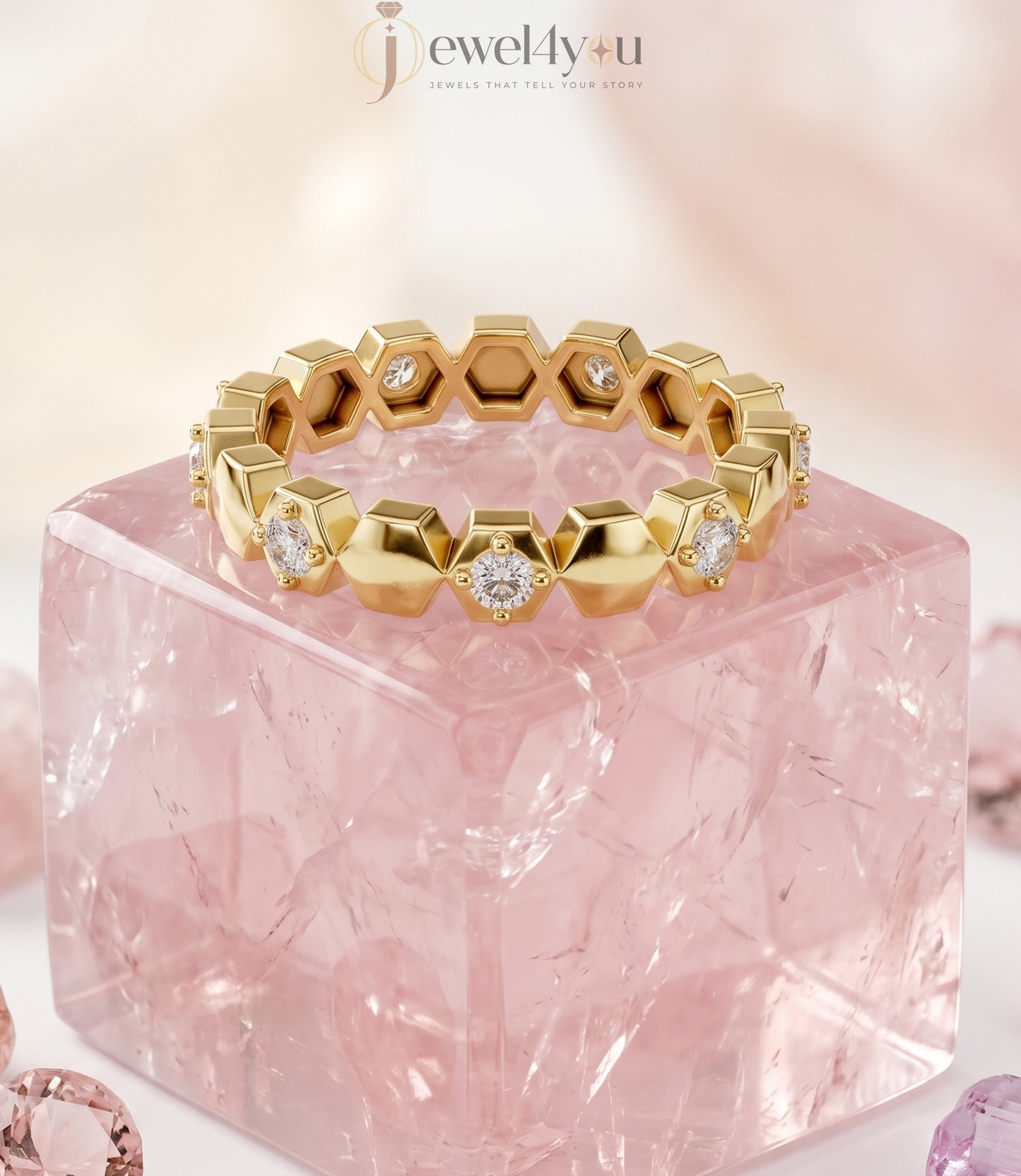 Yellow gold honeycomb lab-grown diamond ring with round prong-set D–F color VVS to VS+ clarity diamonds arranged in eternity design #YELLOW GOLD