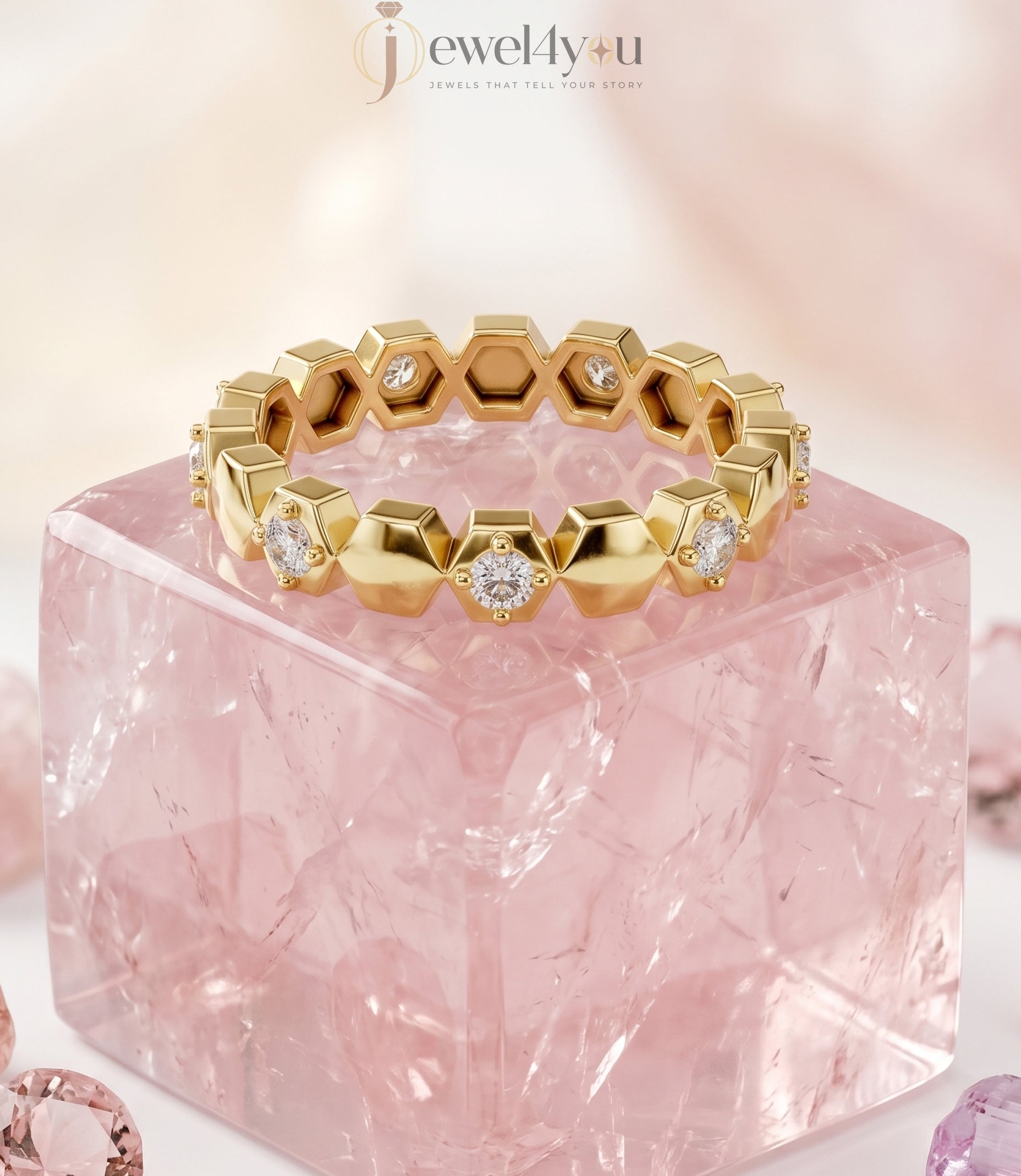Yellow gold honeycomb lab-grown diamond ring with round prong-set D–F color VVS to VS+ clarity diamonds arranged in eternity design #YELLOW GOLD