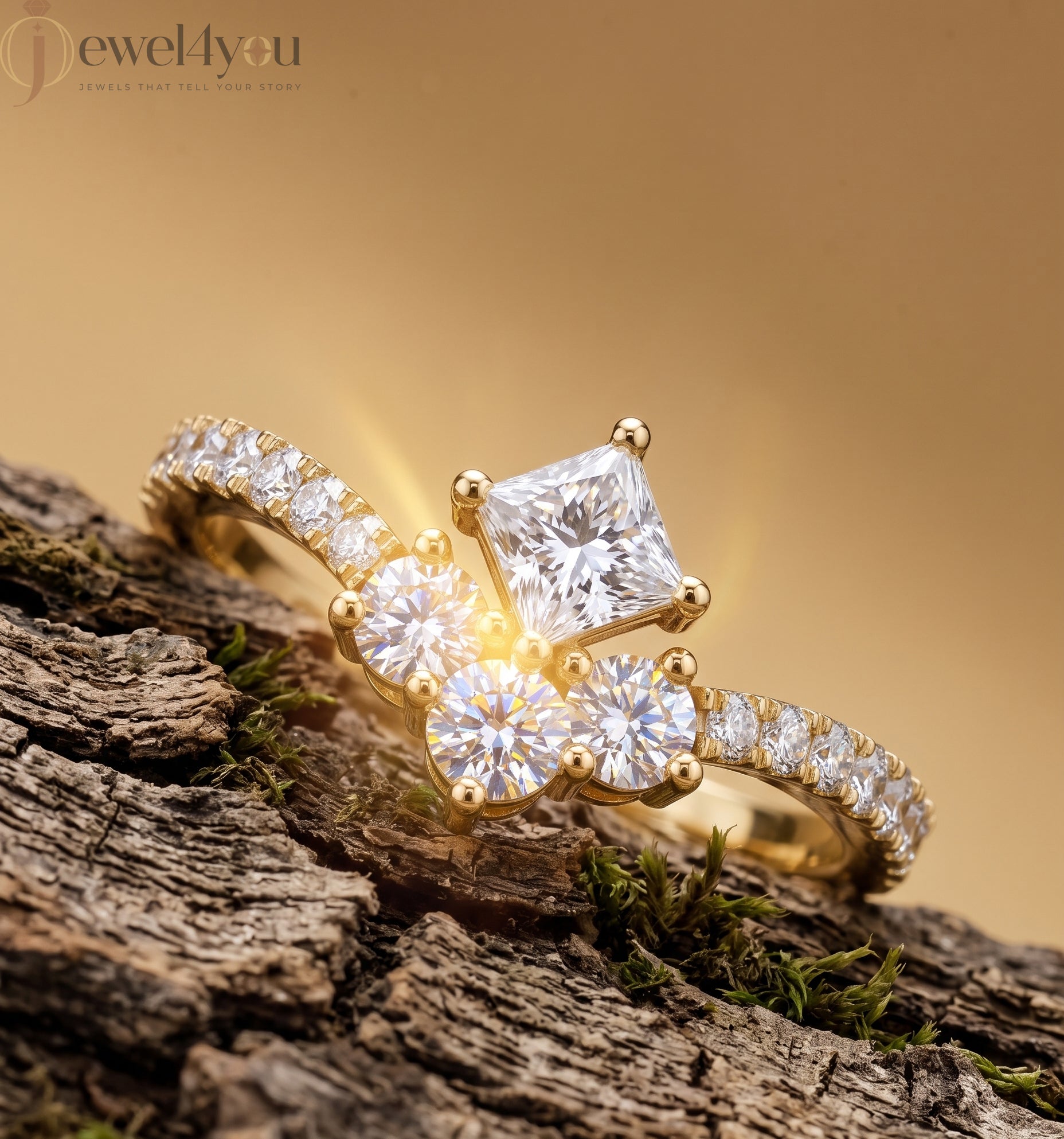 Lab-grown diamond ring with V-shaped cluster design, princess and round diamonds, VVS to VS+ clarity, D–F color, Yellow Gold #YELLOW GOLD