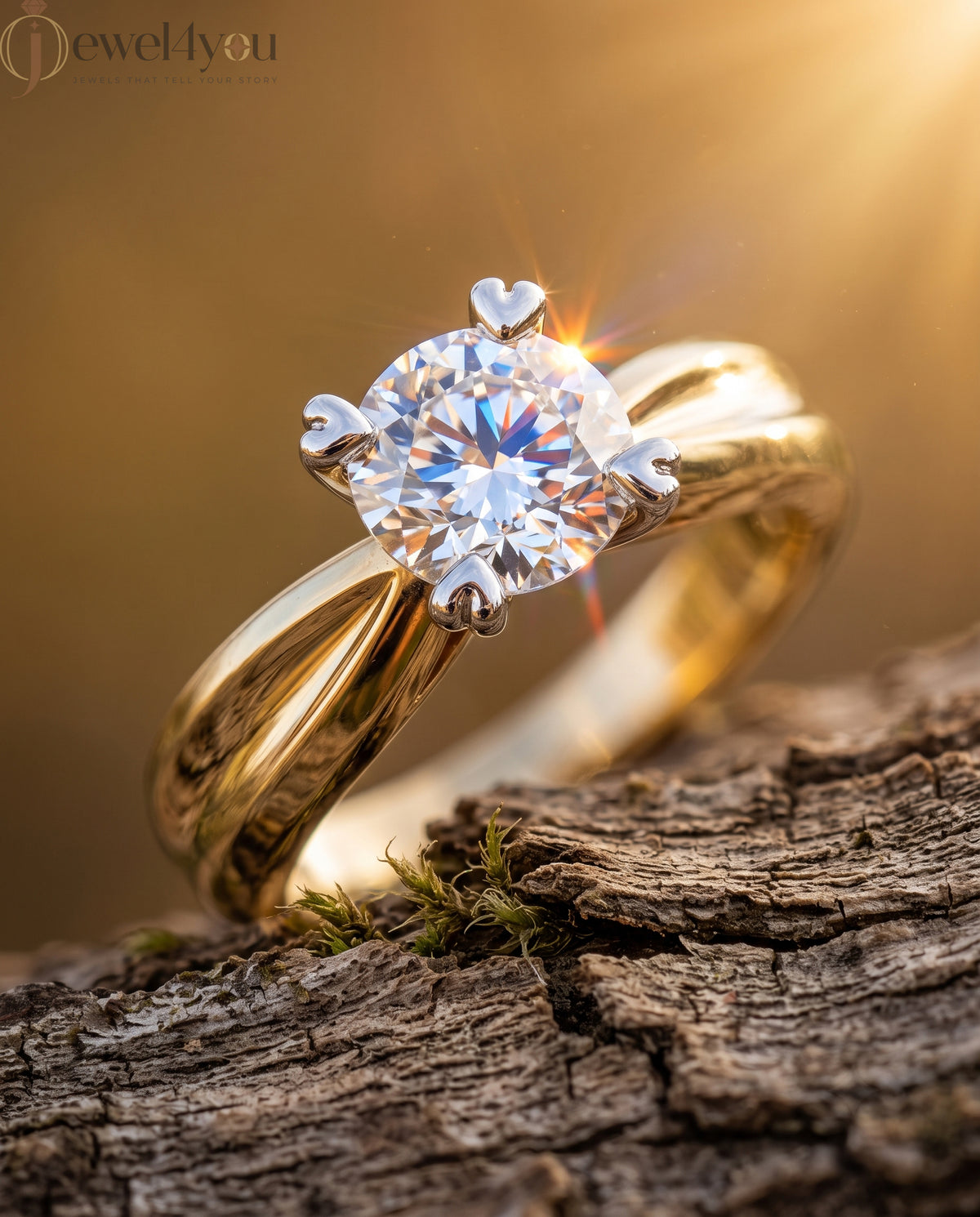 Yellow Gold engagement lab-grown ring with round solitaire and White Gold heart-prong setting, VVS clarity D–F color diamond #YELLOW GOLD