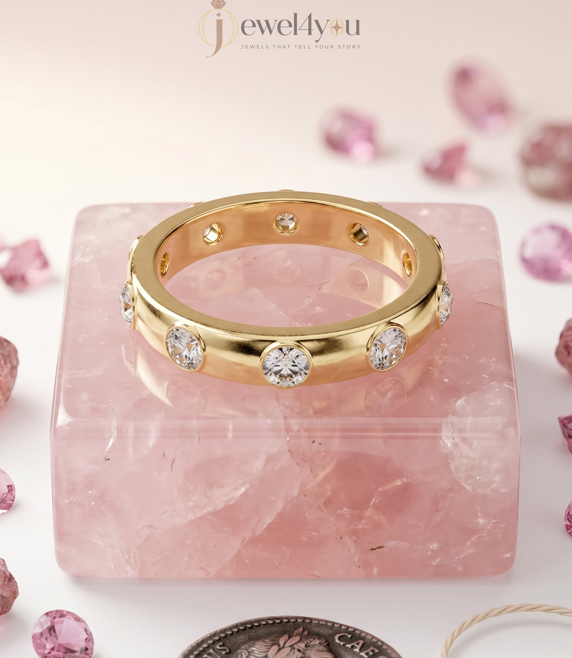 Yellow gold bezel lab-grown diamond ring band showcasing evenly spaced round D–F color VVS to VS+ clarity diamonds #YELLOW GOLD