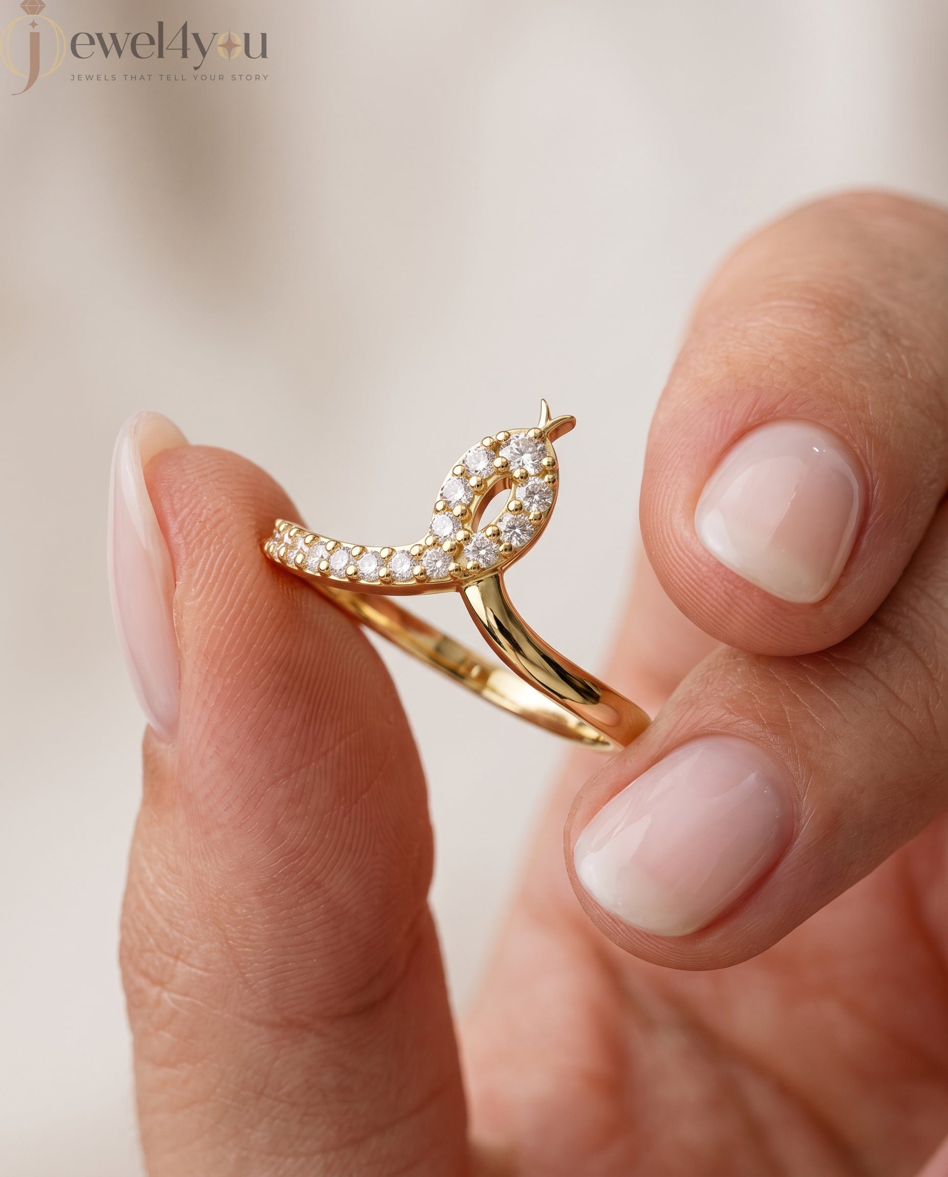 Lab-grown diamond ring front view with open elongated bypass silhouette and round diamonds, VVS to VS+ clarity, D–F color, Yellow Gold prong setting 