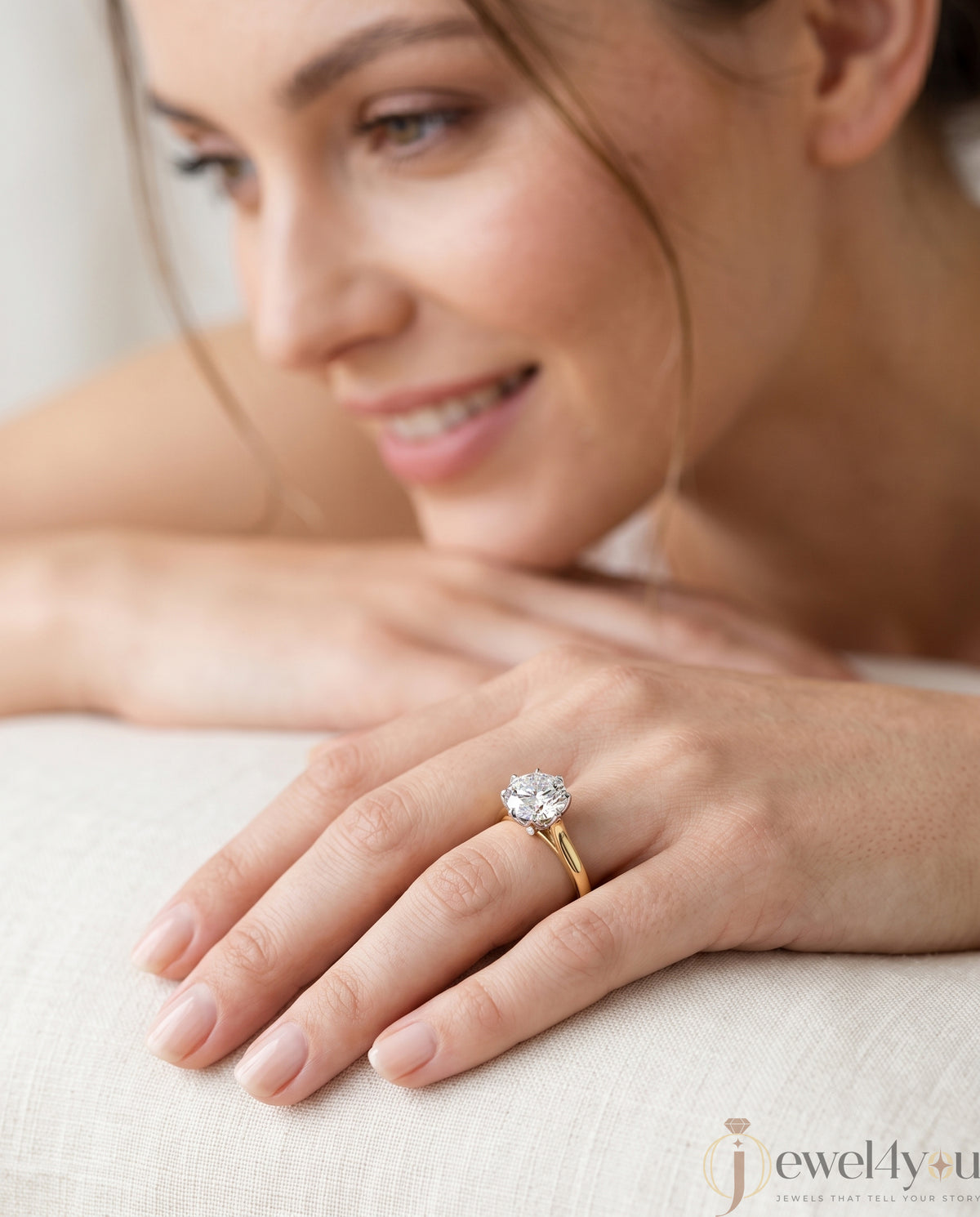 Round solitaire engagement ring with 6-prong white head and yellow-tone polished band #YELLOW GOLD