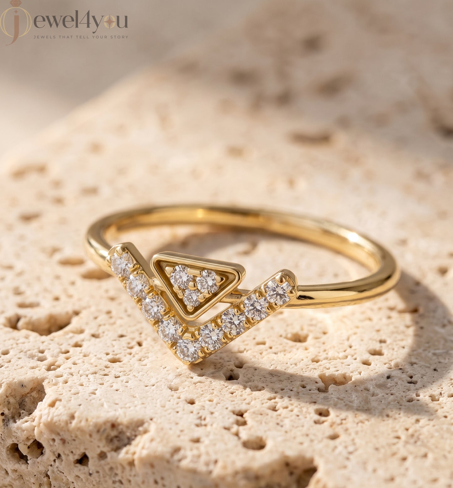 Lab-grown diamond ring with split-style chevron band and floating triangle design, round diamonds, VVS to VS+ clarity, D–F color, Yellow Gold #YELLOW GOLD