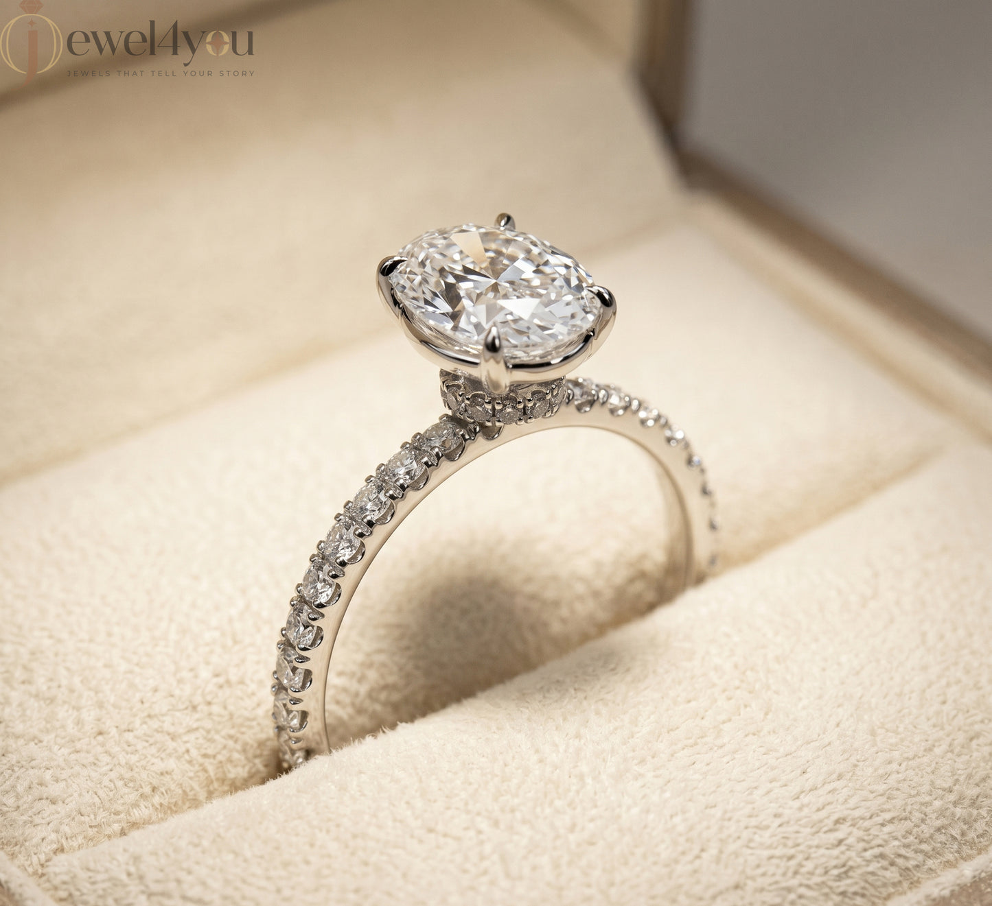 OVAL-CUT LAB-GROWN DIAMOND RING WITH ROUND-ACCENT BAND IN WHITE GOLD ##WHITE GOLD