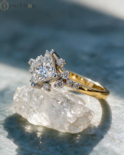 PRINCESS CUT LAB DIAMOND ENGAGEMENT RING WITH VINTAGE CLUSTER SETTING AND ACCENT DIAMONDS IN YELLOW GOLD 