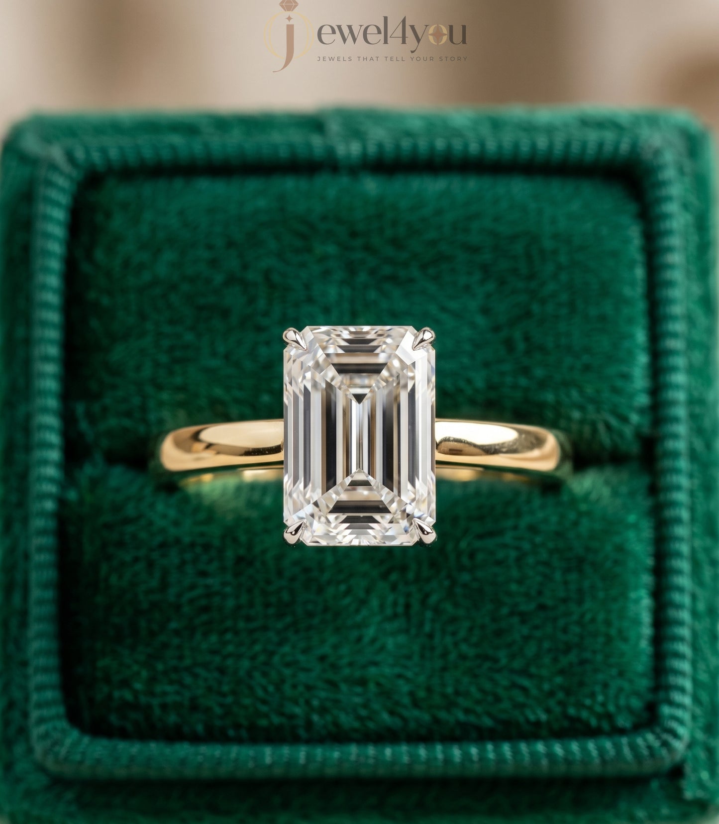 Yellow gold cathedral solitaire ring with white head and emerald-cut stone in four-prong basket #YELLOW GOLD
