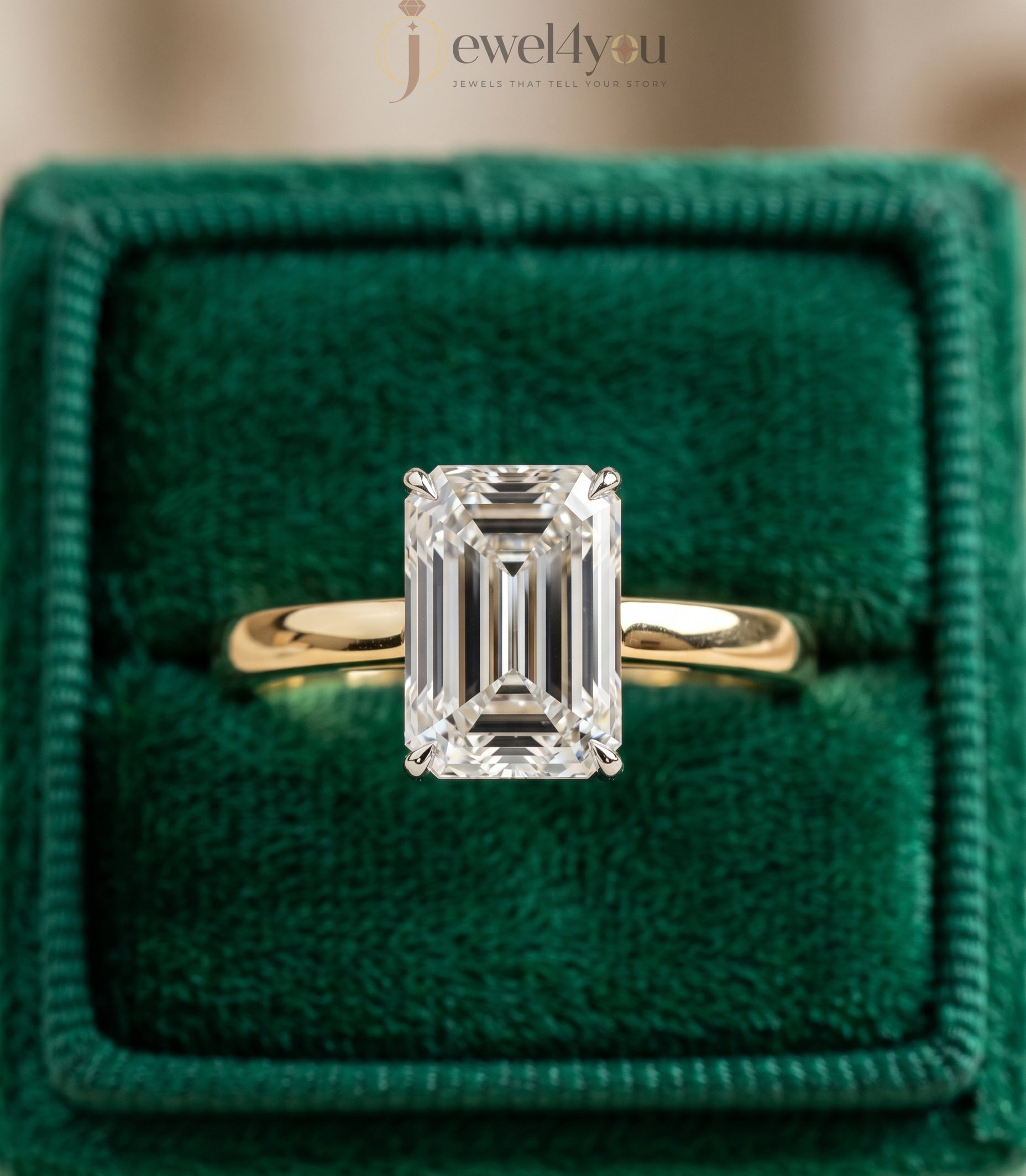 Yellow gold cathedral solitaire ring with white head and emerald-cut stone in four-prong basket #YELLOW GOLD