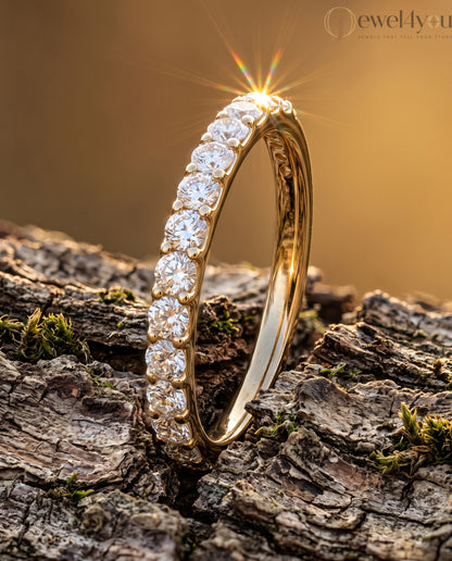 Yellow gold lab-grown diamond ring featuring half eternity prong-set D–F color, VVS clarity diamonds #YELLOW GOLD