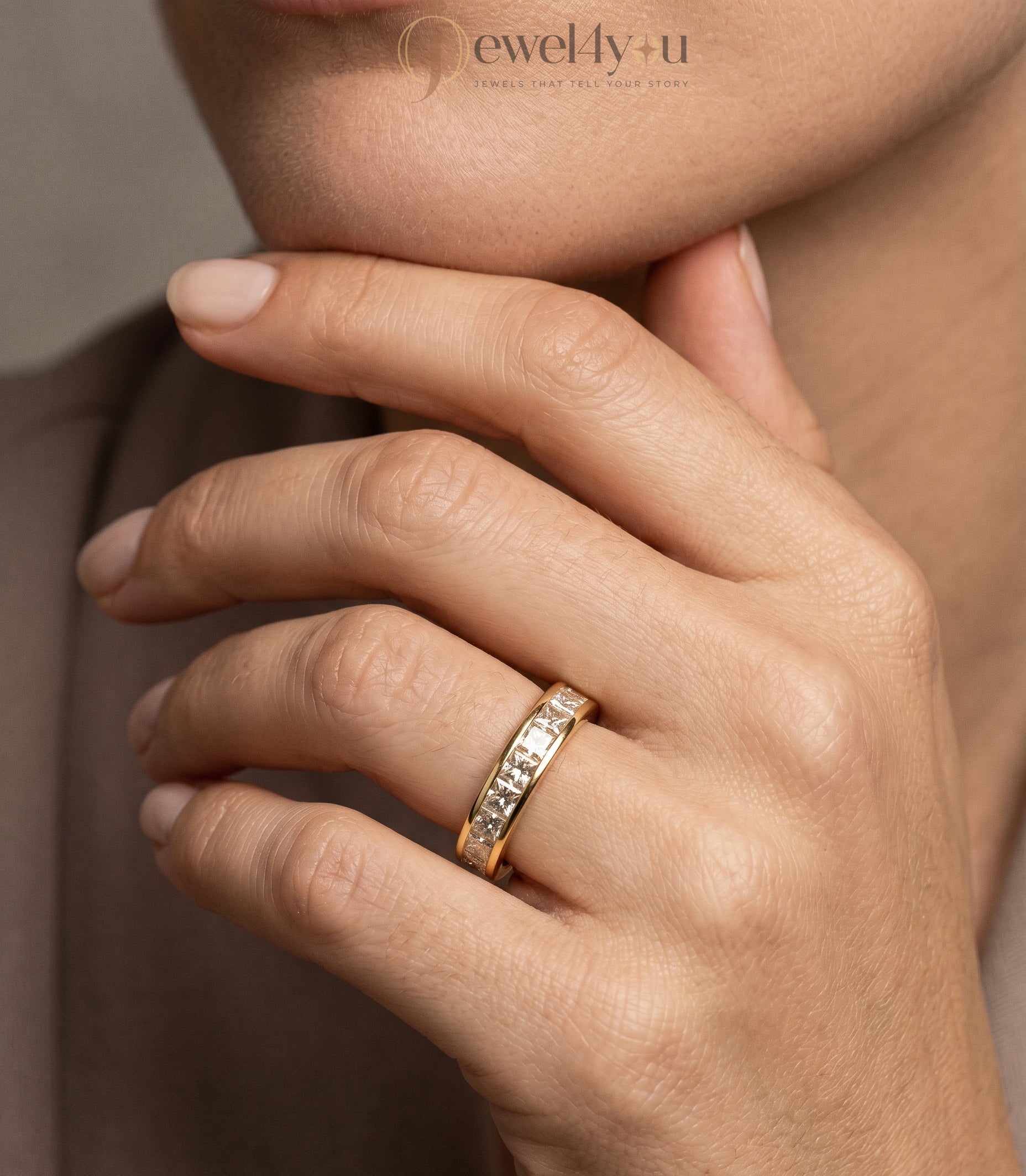 Yellow gold princess channel half eternity lab-grown diamond ring, D–F color VVS to VS+ clarity diamonds in sleek solid gold band #YELLOW GOLD