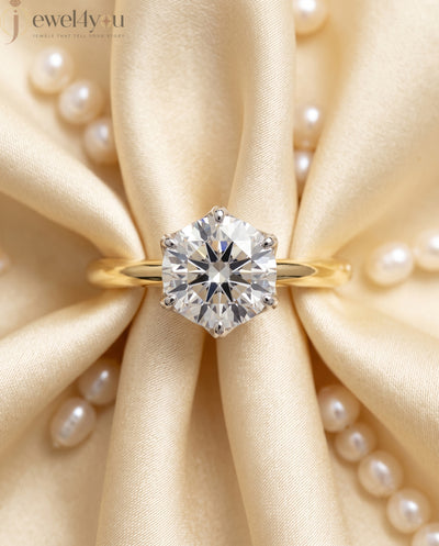 Yellow Gold band with white gold lotus crown holding a round lab-grown diamond solitaire and side gallery diamonds #YELLOW GOLD