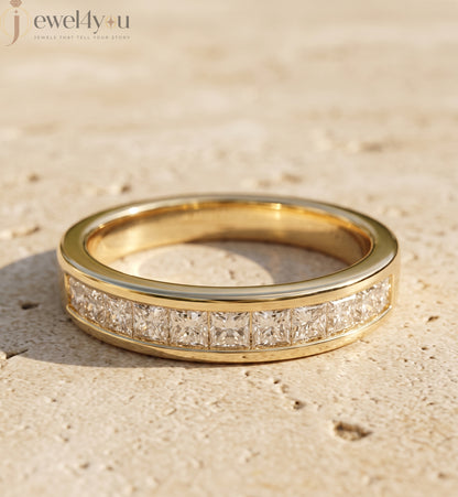Yellow gold princess-cut lab-grown diamond half eternity band ring with sleek channel-style inset-flush setting and D–F color VVS to VS+ clarity diamonds #YELLOW GOLD