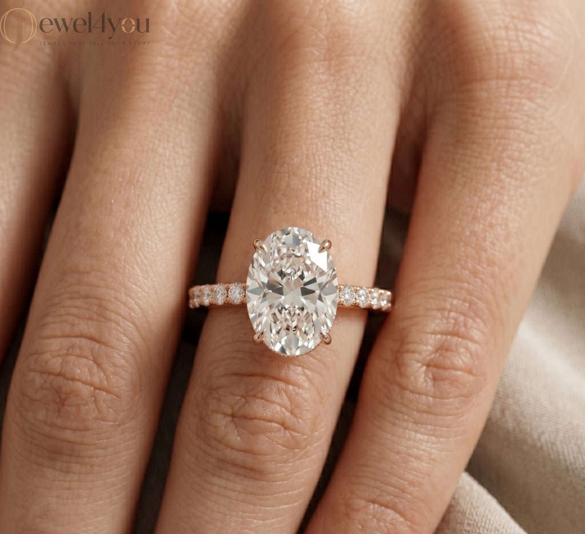OVAL-CUT SOLITAIRE LAB-GROWN DIAMOND RING IN ROSE GOLD WITH ROUND-CUT ##ROSE GOLD
