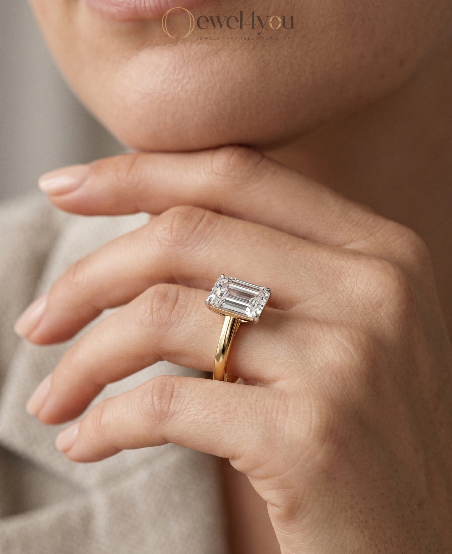 Yellow gold cathedral solitaire ring with white head and emerald-cut stone in four-prong basket #YELLOW GOLD