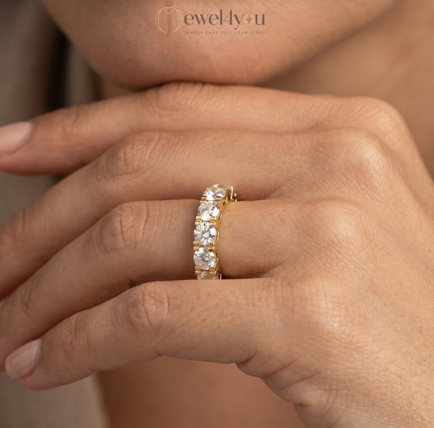 Yellow gold lab-grown diamond eternity ring, round VVS–VS+ D–F diamonds in U‑cut prong setting, fine lab-grown diamond jewelry band #YELLOW GOLD