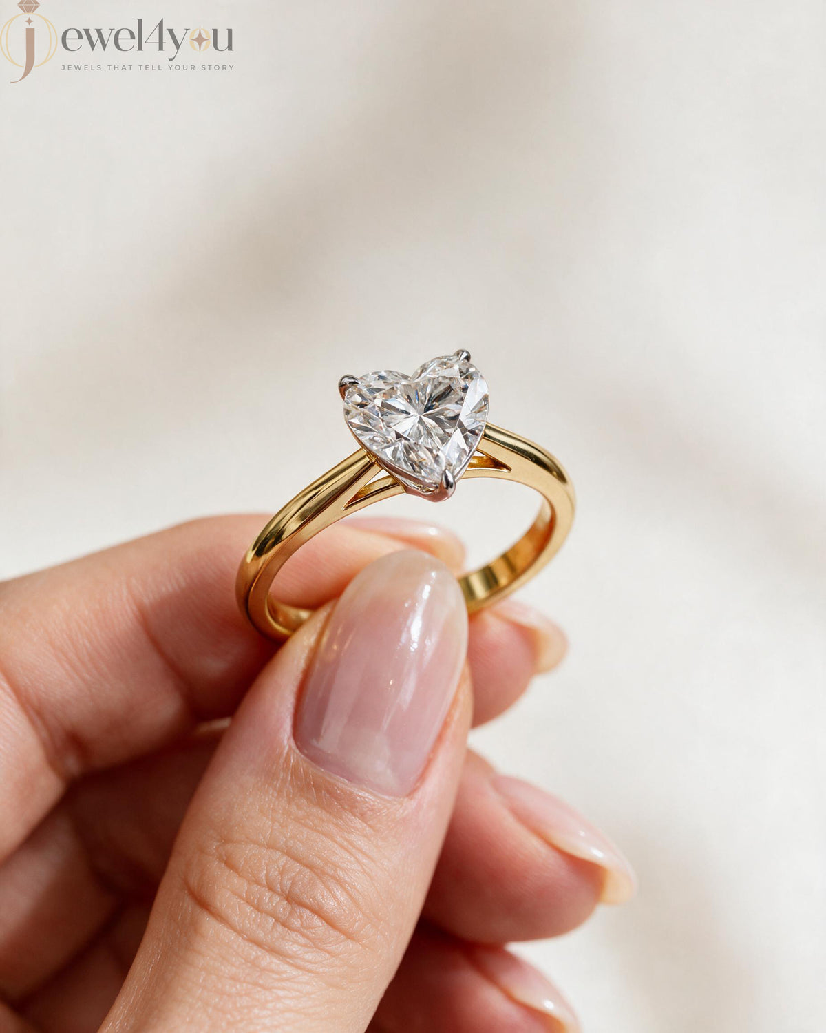 Yellow gold heart diamond solitaire ring with white gold prong setting  #YELLOW GOLD