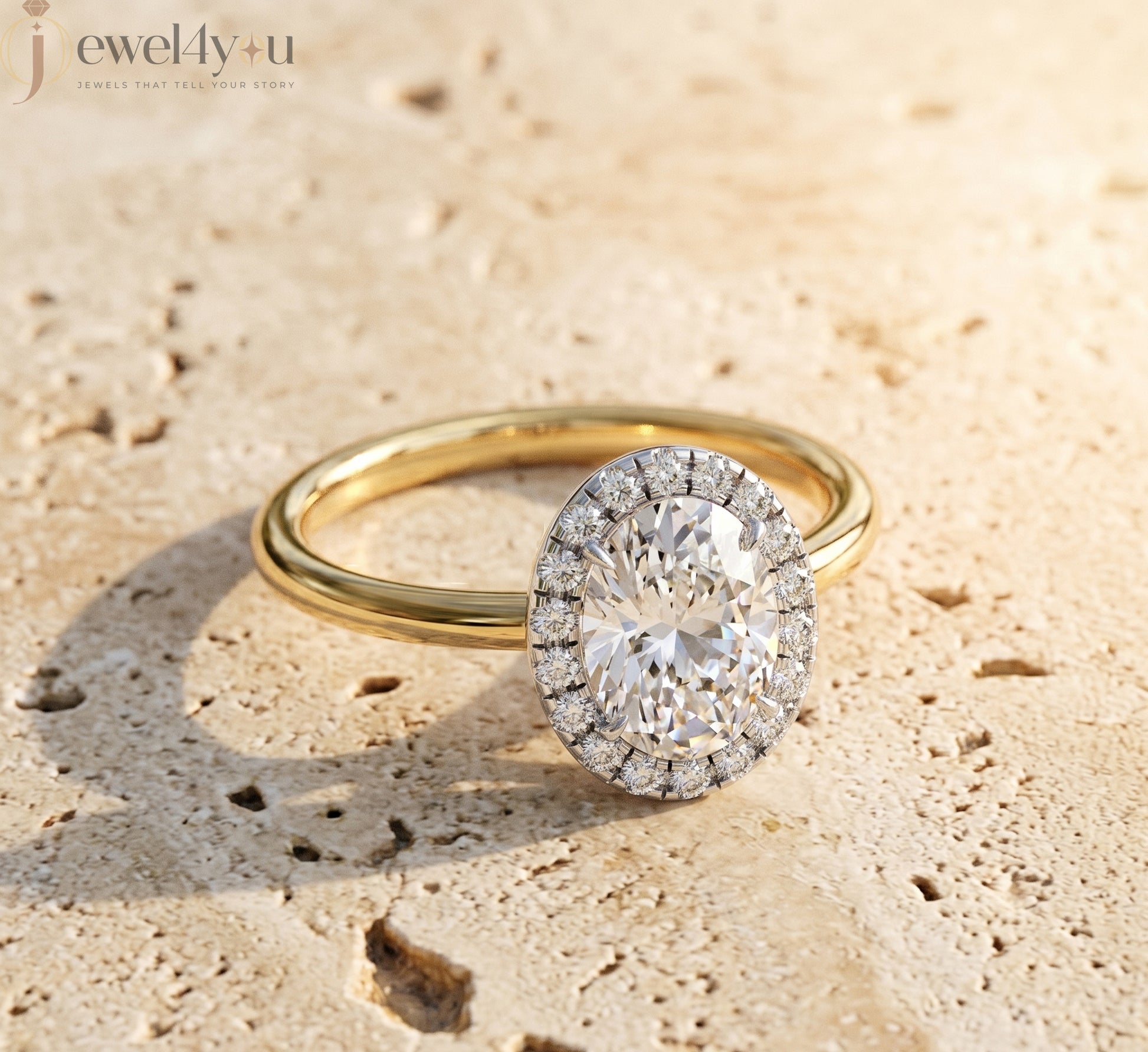 YELLOW GOLD WITH OVAL CENTER AND ROUND HALO 