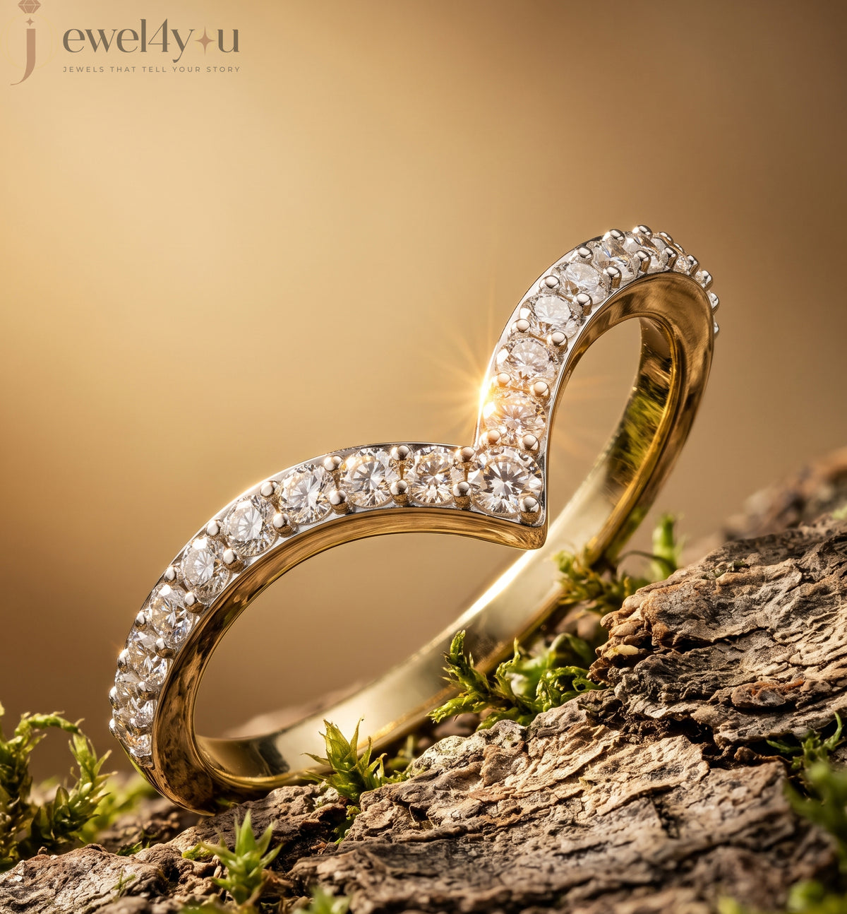 Lab-grown diamond ring with curved V band design, prong-set round diamonds, VVS to VS+ clarity, D–F color, Yellow Gold  finish #YELLOW GOLD