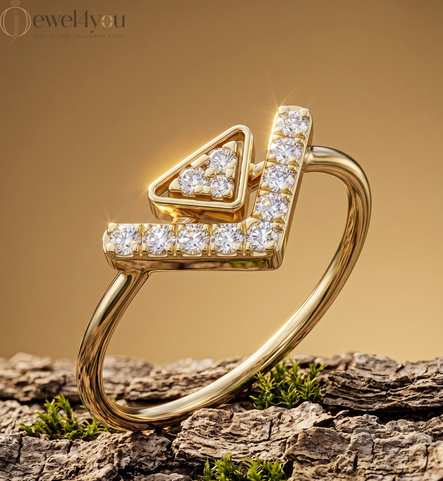Lab-grown diamond ring with split-style chevron band and floating triangle design, round diamonds, VVS to VS+ clarity, D–F color, Yellow Gold #YELLOW GOLD