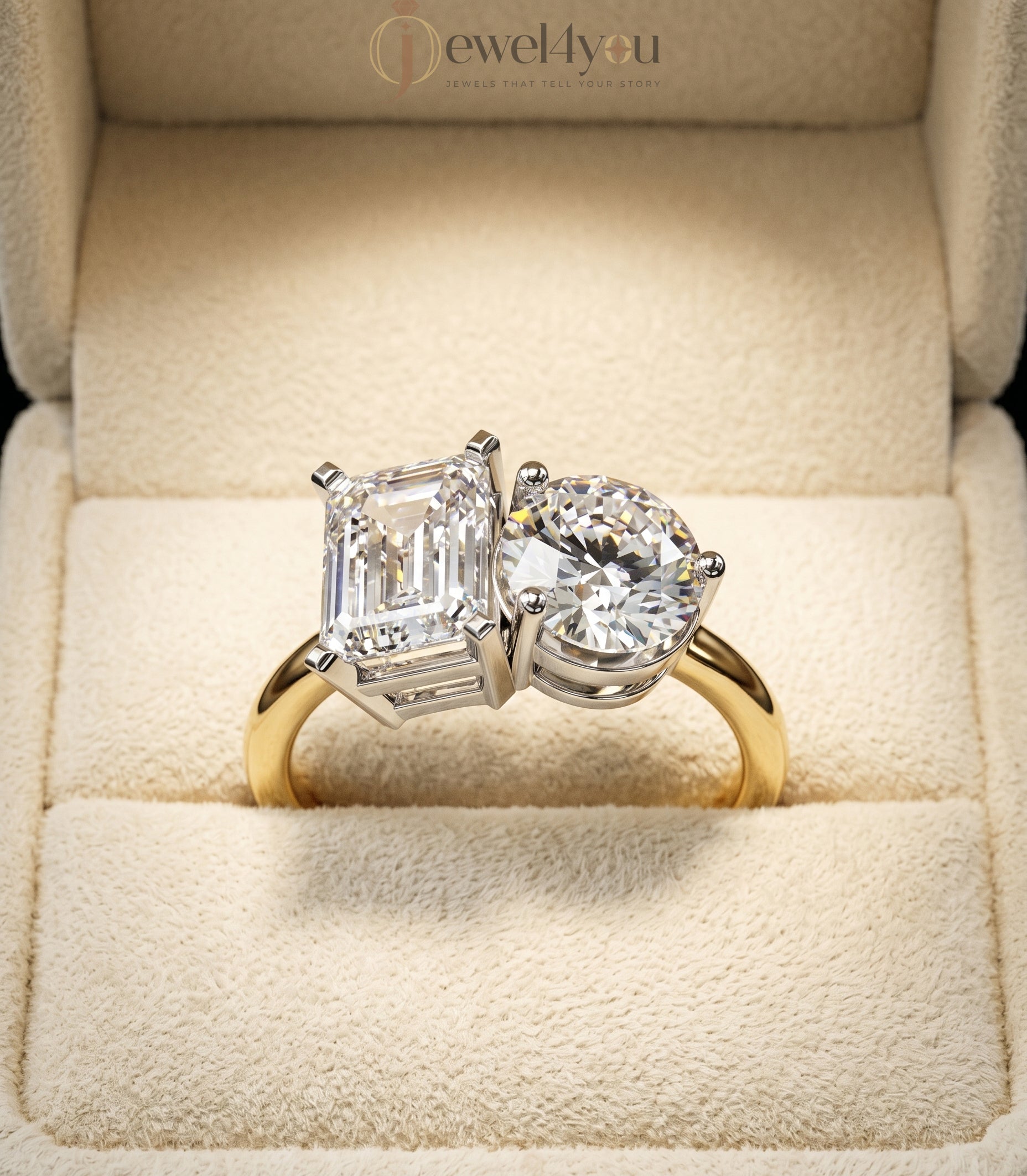 DUAL LAB-GROWN DIAMOND RING WITH RADIANT AND ROUND CUTS IN YELLOW GOLD BAR SETTING 