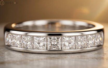 Princess channel-style lab-grown diamond ring, D–F color VVS to VS+ diamonds in bright white gold band #WHITE GOLD