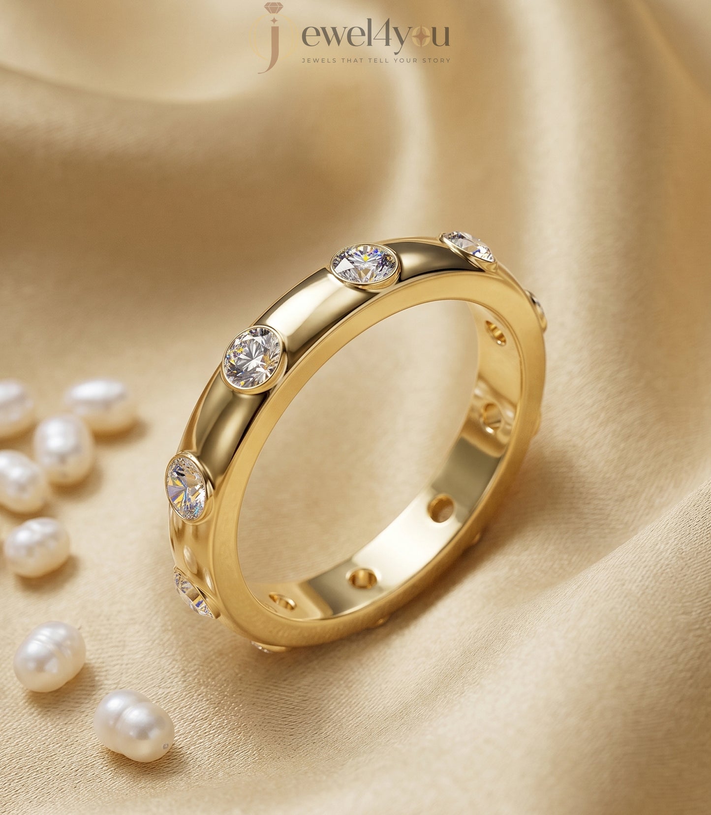 Yellow gold bezel lab-grown diamond ring band showcasing evenly spaced round D–F color VVS to VS+ clarity diamonds #YELLOW GOLD