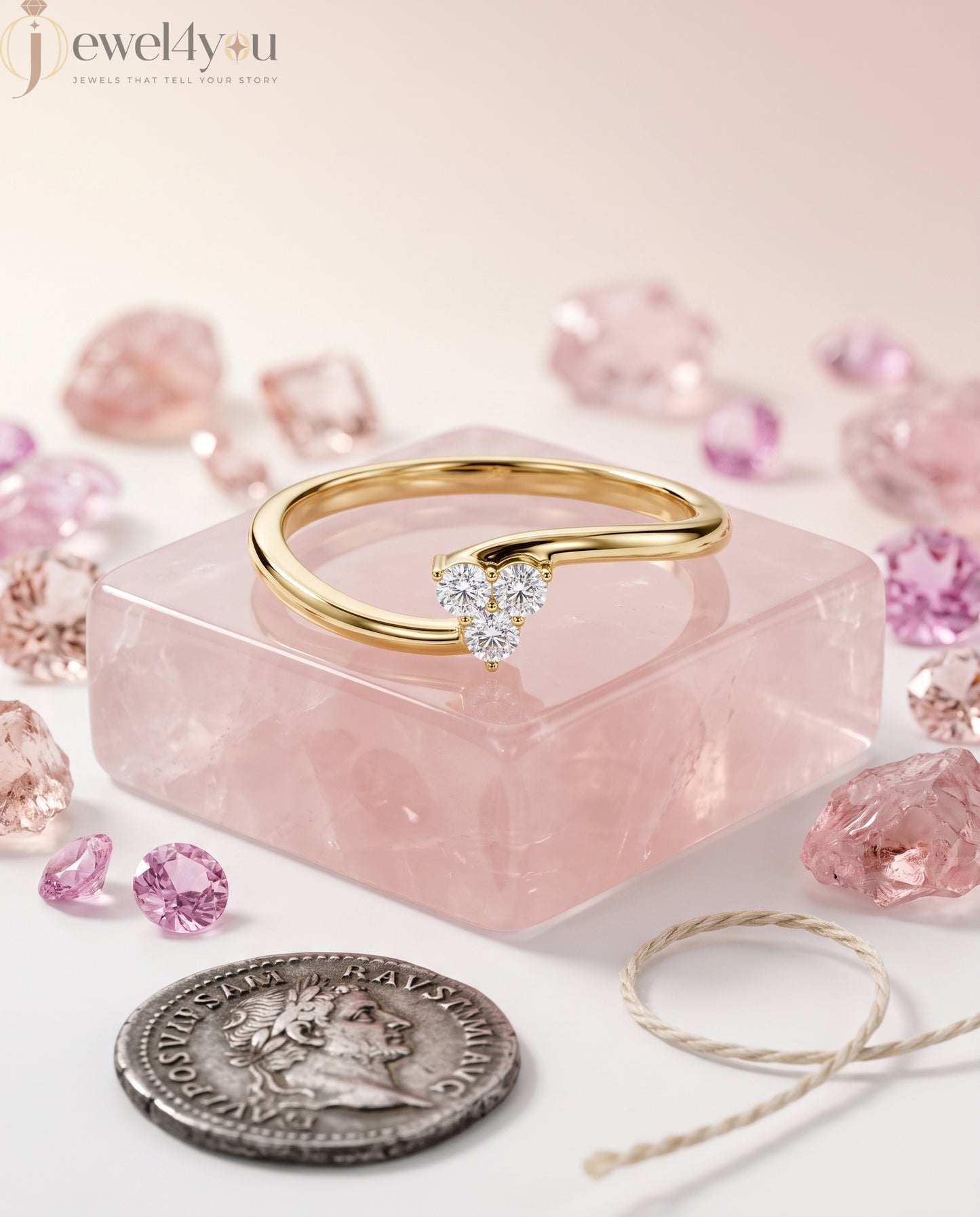 Lab-grown diamond ring with elegant bypass band and three-round diamond cluster design, VVS to VS+ clarity, D–F color, Yellow Gold #YELLOW GOLD