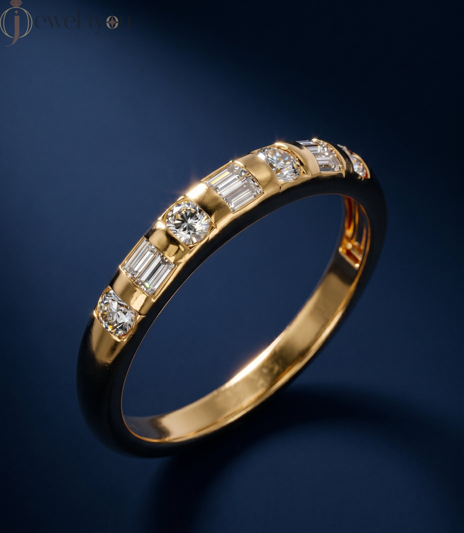 Yellow gold lab-grown diamond band with modern half eternity bar setting and alternating baguette and round D–F color VVS to VS+ clarity diamonds #YELLOW GOLD