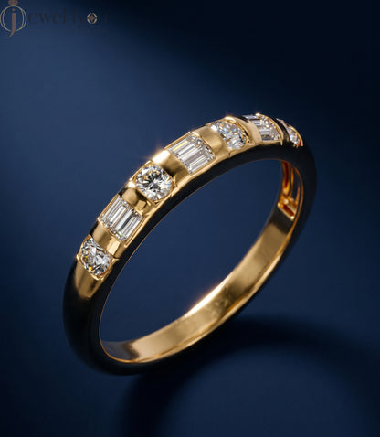 Yellow gold lab-grown diamond band with modern half eternity bar setting and alternating baguette and round D–F color VVS to VS+ clarity diamonds #YELLOW GOLD