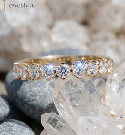 Yellow Gold half eternity lab-grown diamond ring with shared prong settings and D–F color VVS to VS+ clarity diamonds #YELLOW GOLD