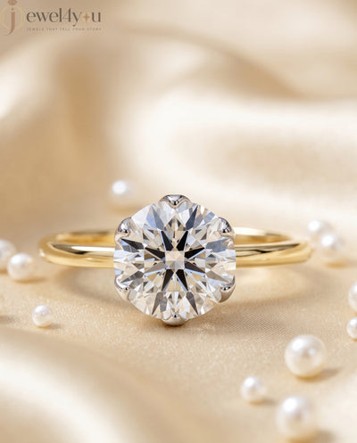 YELLOW GOLD SOLITAIRE RING WITH ROUND LAB-GROWN DIAMOND IN SIX-PRONG FLORAL CATHEDRAL SETTING 