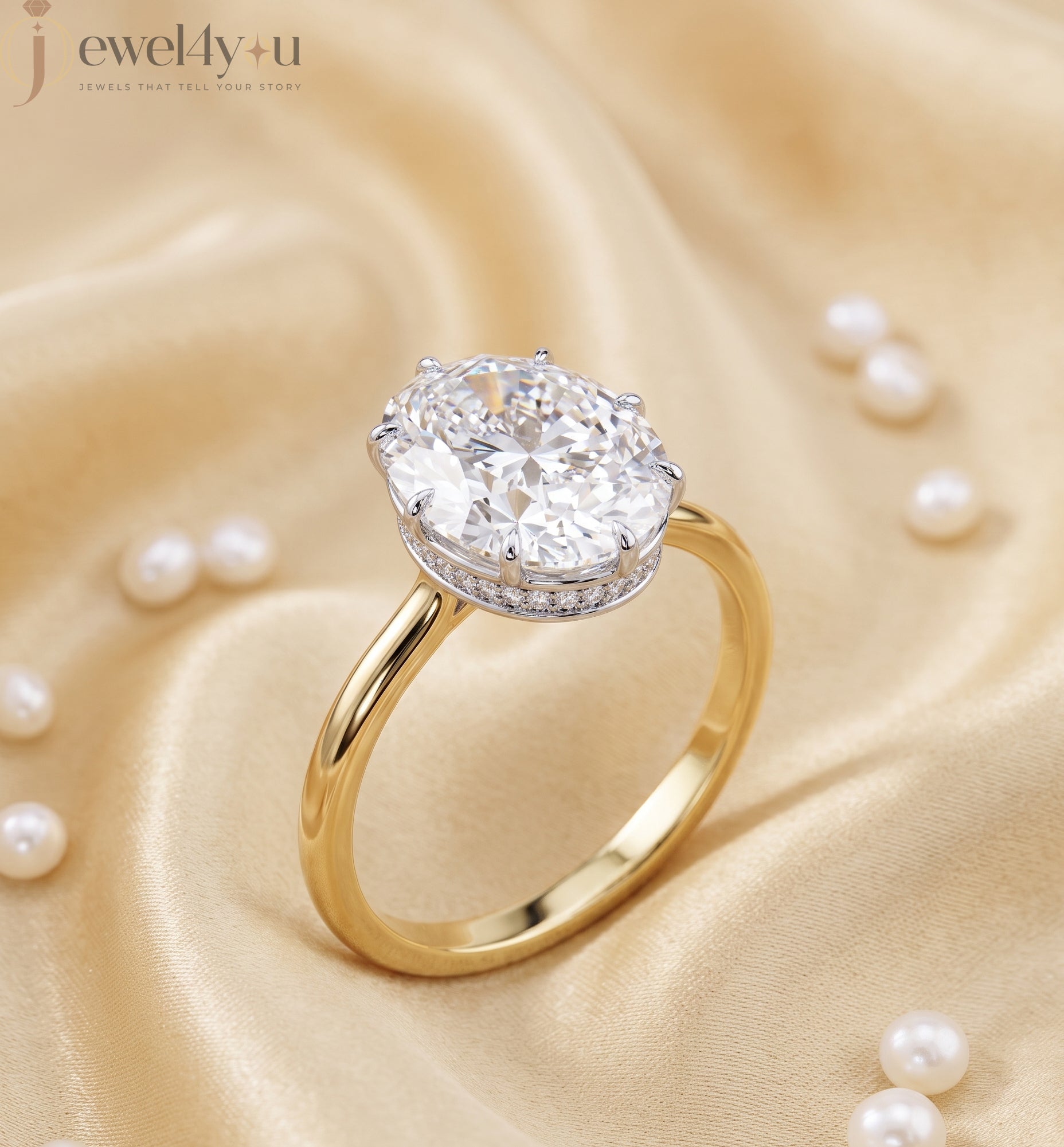 Yellow Gold solitaire oval lab-grown diamond ring with white gold crown setting and pavé hidden halo #YELLOW GOLD