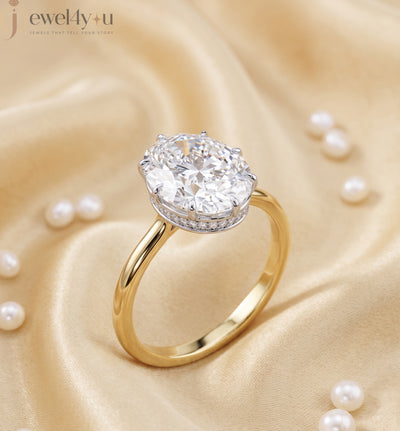 Yellow Gold solitaire oval lab-grown diamond ring with white gold crown setting and pavé hidden halo #YELLOW GOLD