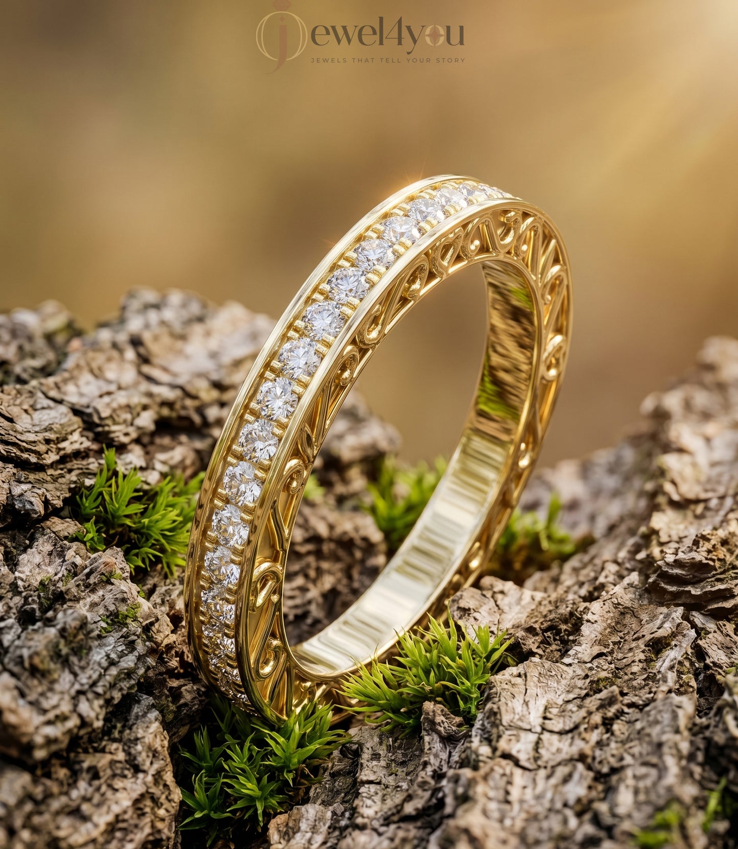 Yellow gold lab-grown diamond eternity band ring with intricate heart filigree and pavé set VVS to VS+ D–F diamonds #YELLOW GOLD