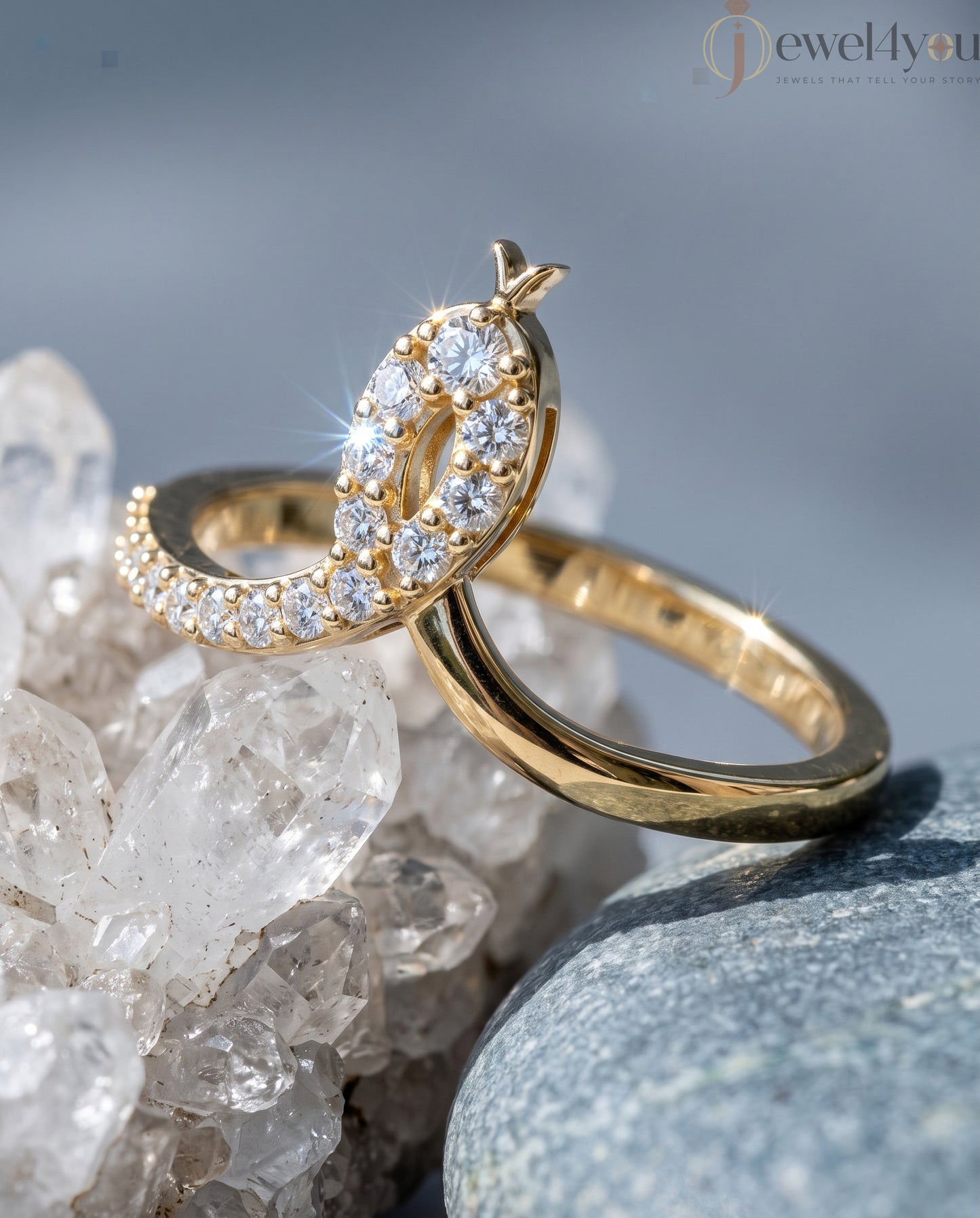 Lab-grown diamond ring front view with open elongated bypass silhouette and round diamonds, VVS to VS+ clarity, D–F color, Yellow Gold prong setting ##YELLOW GOLD