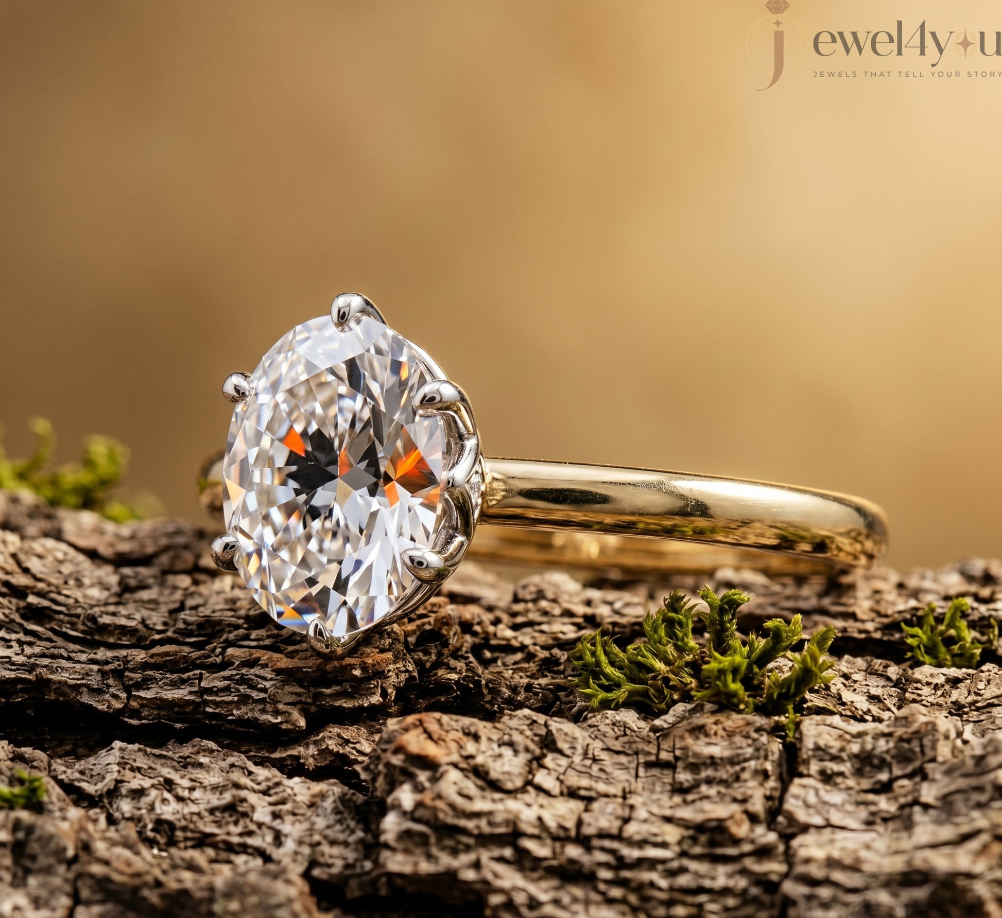 Yellow Gold lab-grown diamond ring with White Gold prong setting, showcasing brilliant oval center stone #YELLOW GOLD