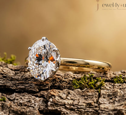 Yellow Gold lab-grown diamond ring with White Gold prong setting, showcasing brilliant oval center stone #YELLOW GOLD