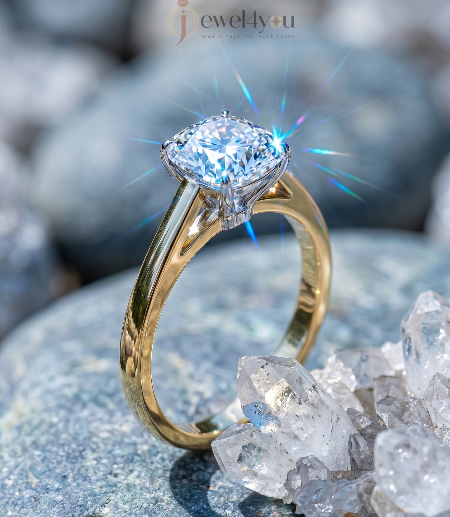Yellow gold cushion diamond solitaire ring with white gold cathedral basket setting #YELLOW GOLD