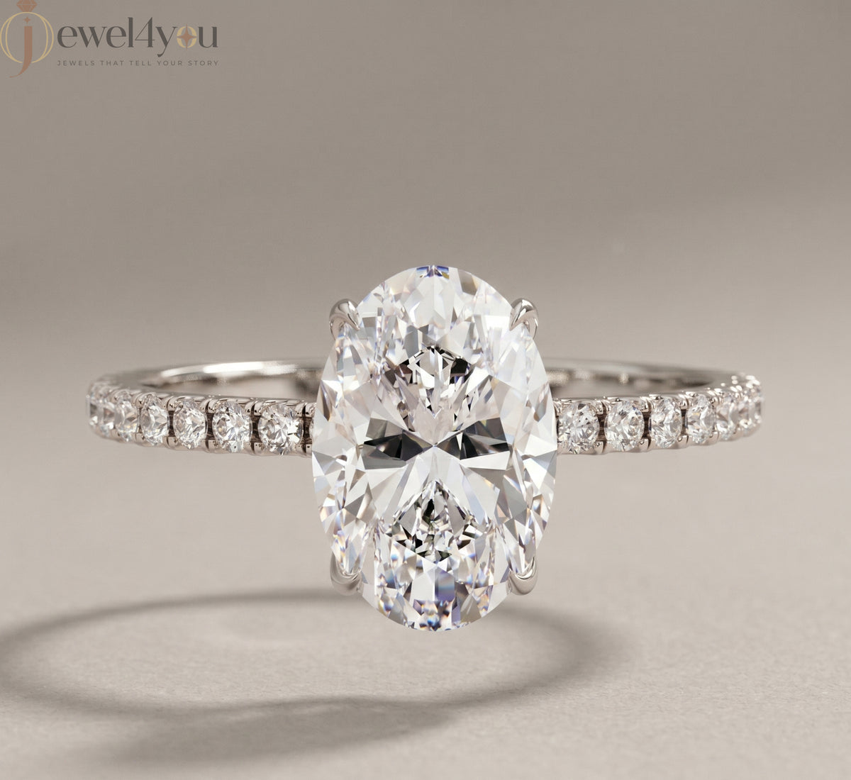 OVAL-CUT SOLITAIRE LAB-GROWN DIAMOND RING IN WHITE GOLD WITH ROUND-CUT ##WHITE GOLD