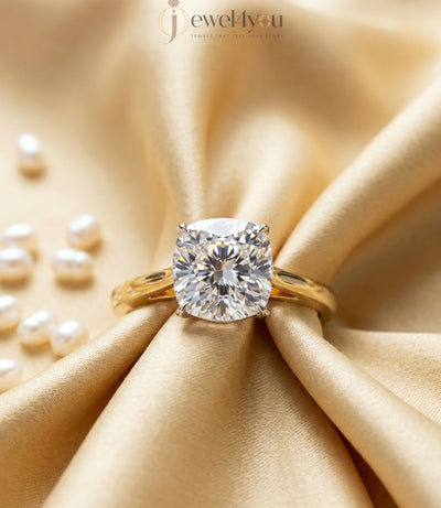 Yellow gold cushion diamond solitaire ring with white gold cathedral basket setting #YELLOW GOLD
