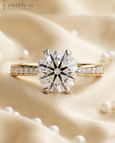 Yellow-gold pave shoulder engagement ring with round solitaire and hidden bridge diamonds #YELLOW GOLD