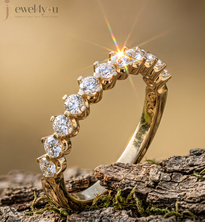 Yellow Gold half eternity lab-grown diamond ring with shared prong settings and D–F color VVS to VS+ clarity diamonds #YELLOW GOLD