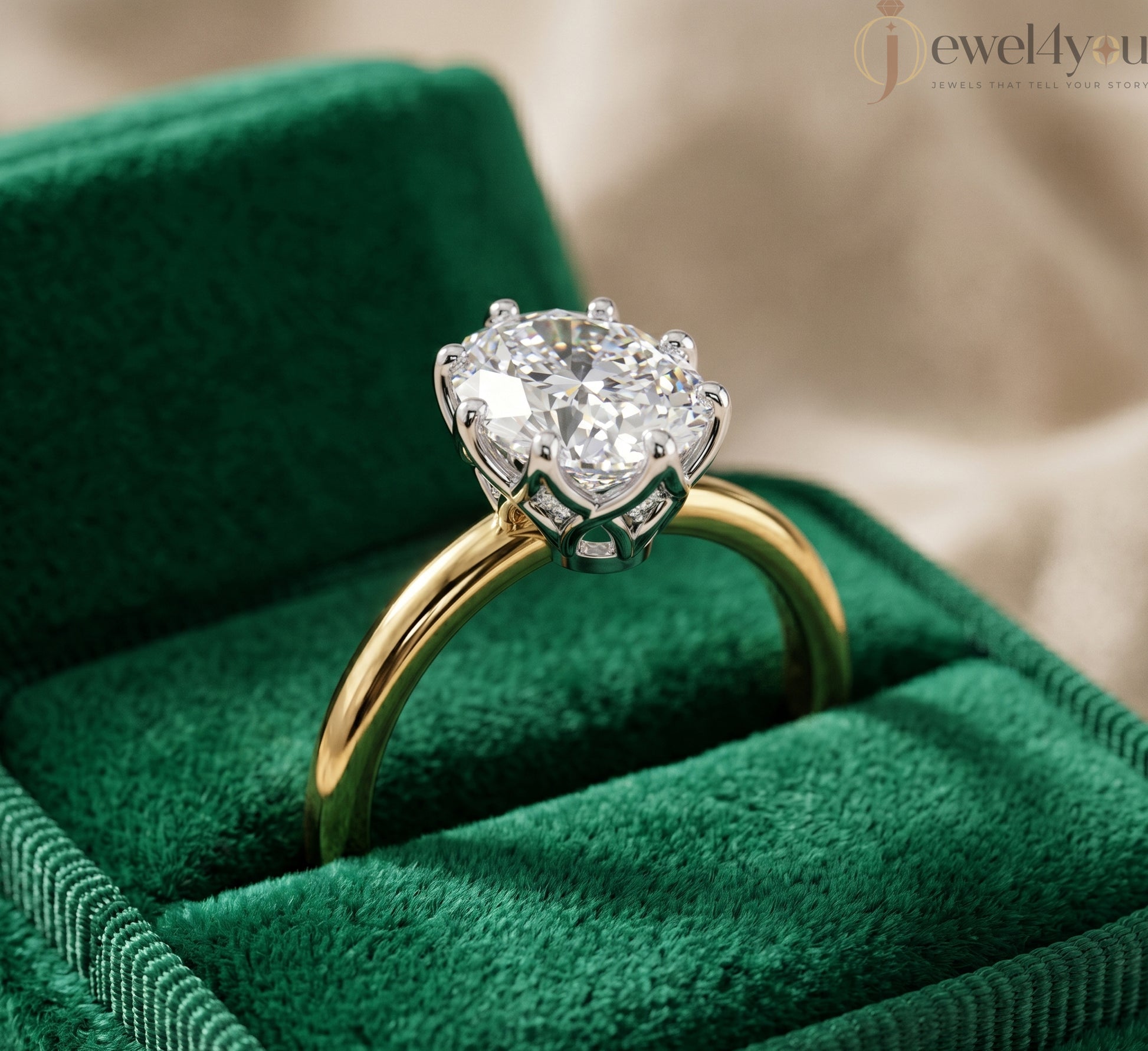 Yellow Gold lab-grown diamond ring with White Gold prong setting, showcasing brilliant oval center stone #YELLOW GOLD