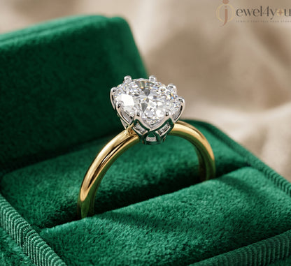 Yellow Gold lab-grown diamond ring with White Gold prong setting, showcasing brilliant oval center stone #YELLOW GOLD