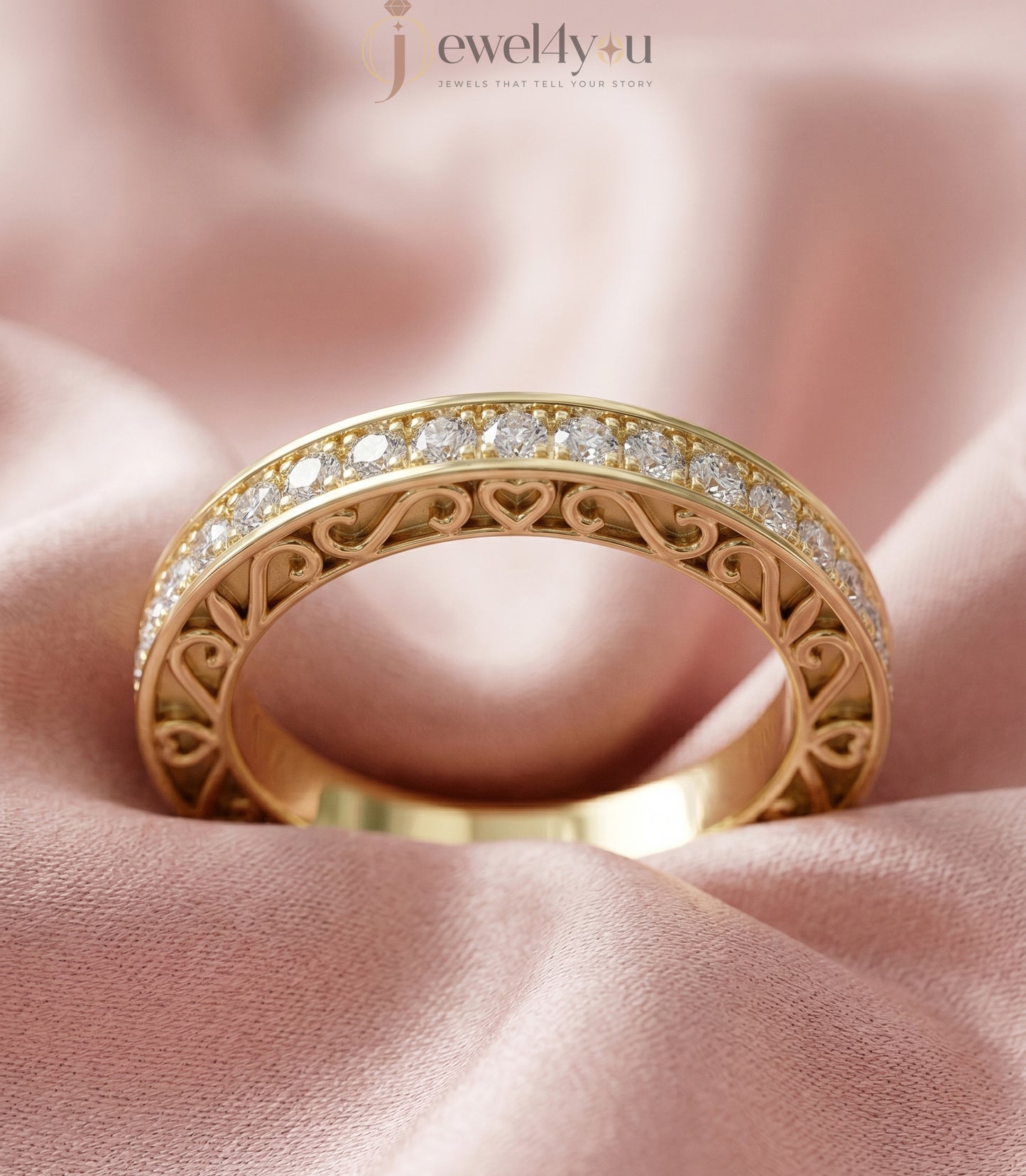 Yellow gold lab-grown diamond eternity band ring with intricate heart filigree and pavé set VVS to VS+ D–F diamonds #YELLOW GOLD