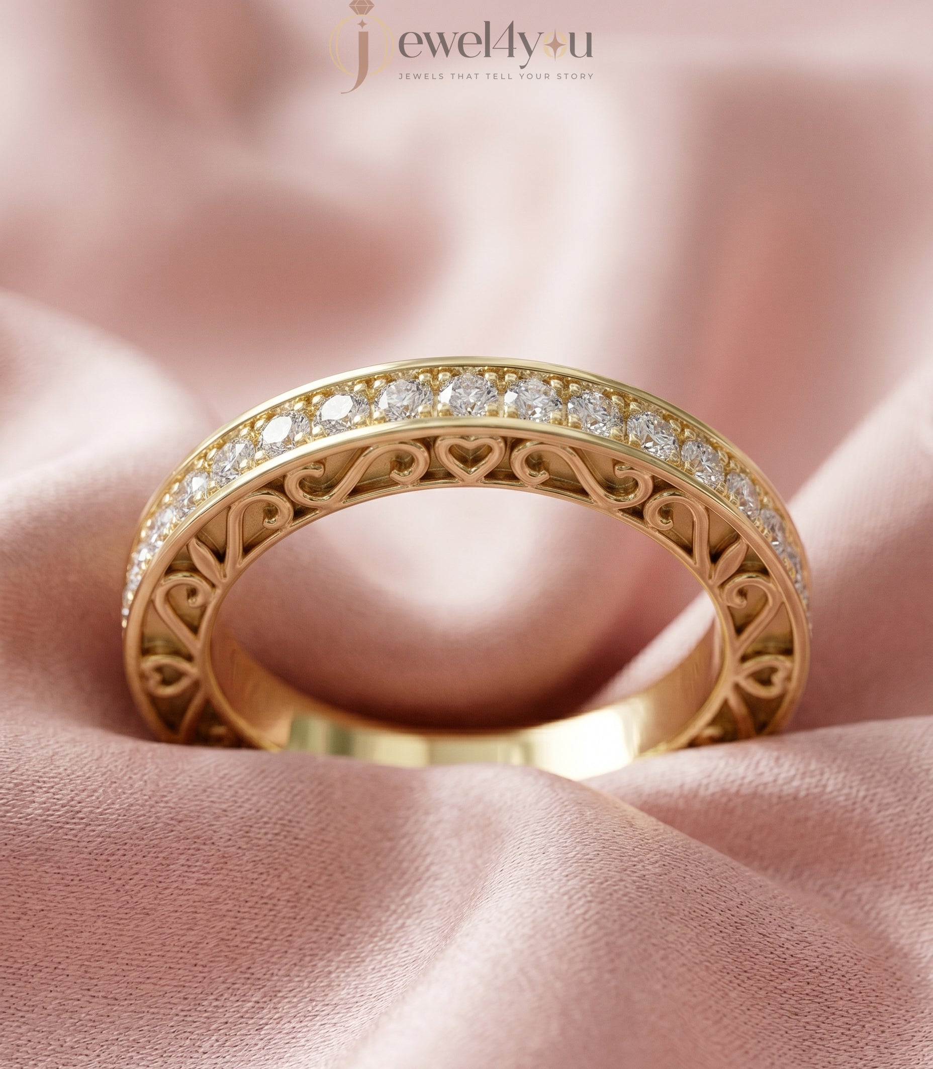 Yellow gold lab-grown diamond eternity band ring with intricate heart filigree and pavé set VVS to VS+ D–F diamonds #YELLOW GOLD