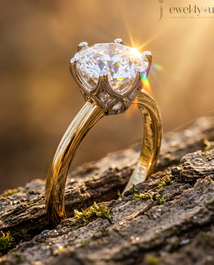 Yellow Gold band with white gold lotus crown holding a round lab-grown diamond solitaire and side gallery diamonds #YELLOW GOLD